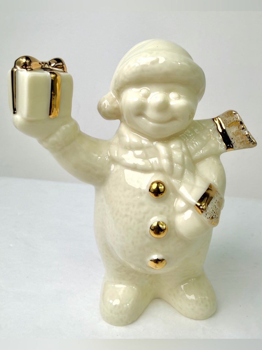 Lenox Snowman Figurine Holding Christmas Gift Ivory Gold 4.5”